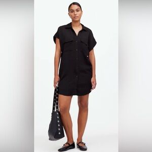 Madewell Mini Dress Black Linen Blend Utility Button Front V Neck Pockets Medium